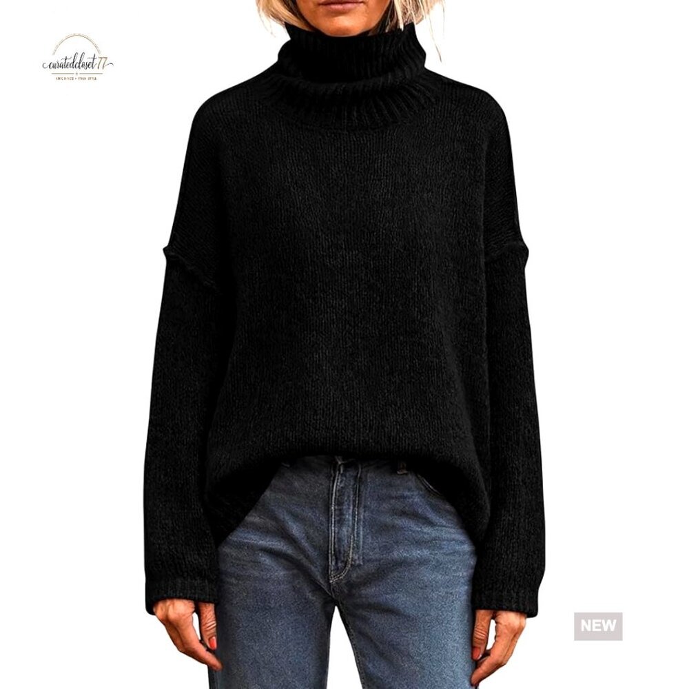 Oversized Turtleneck Pullover Sweater Loose Fit Long Sleeve Winter Knit Top